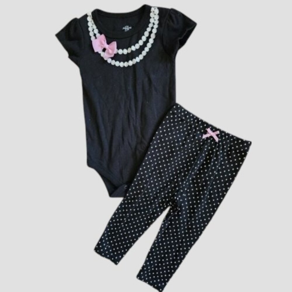 * LITTLE TREASURE Black and White Polka Dot and Pearls Pant Set 9-12 months